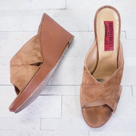 Bruno Ricci  10 Women Shoes Leather 41‎ Sandals Slip On Slide Wedge Brown - Picture 7 of 12